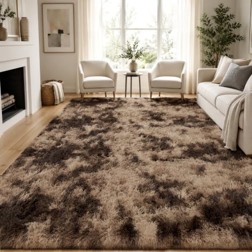 Fluffy 8x10 Area Rug for Living Room & Bedroom - Tie-Dyed Coffee, Soft Shag Carpet