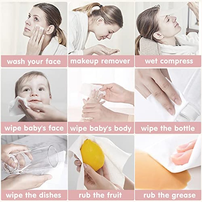 Disposable Face Towel Dry Wipes, 100% Cotton Facial Tissue, Lint Free Facial Cleansing Towels, Super Absorbent Dry and Wet Use for Makeup Removing, Sensitive/Baby Skin (3 Pack-180 Count)