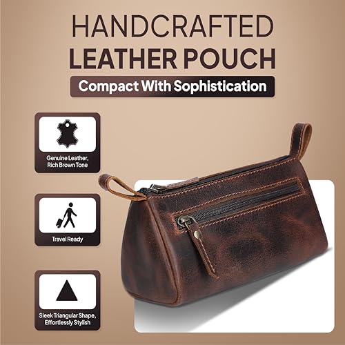 Leather Makeup Bag for Women ? Genuine Leather Cosmetic Bag Travel, Handmade Zippered Makeup Pouch, Small Toiletry Bag, Shaving Kit & Stationery Organizer- Brown