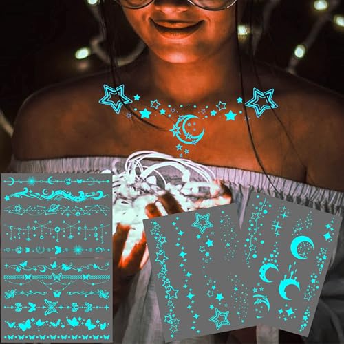Blue Luminous Star Crescent Moon Temporary Tattoos For Women Clavicle Girls Adults Neck, 4 Sheets Sexy Lace Butterfly Planet Fake Necklace Glow In The Dark Tattoo Sticker, Night Glitter Party Supply