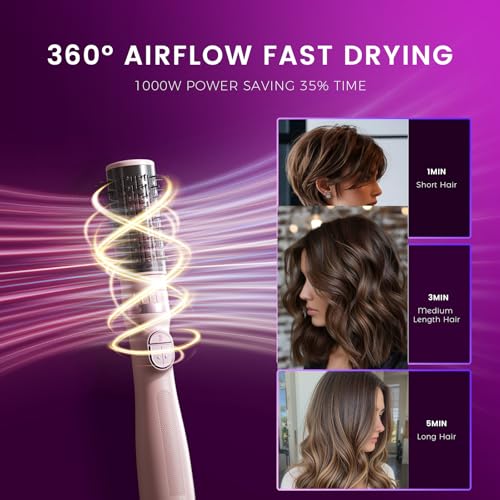Pink 3-in-1 Rotating Hair Dryer Brush with 3 Attachments for Styling & Volumizing