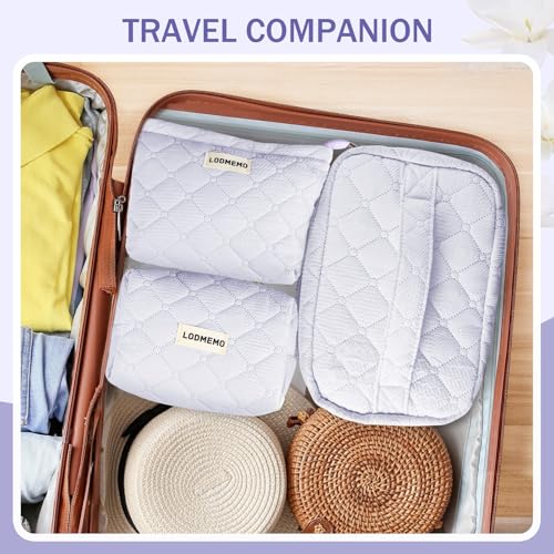 Makeup Bag 3 PCS Cosmetic Bags for Women, Quilted Travel Make up Bag Set Cute Cotton Toiletry Bag Organizer Pouch for Purse, Purple