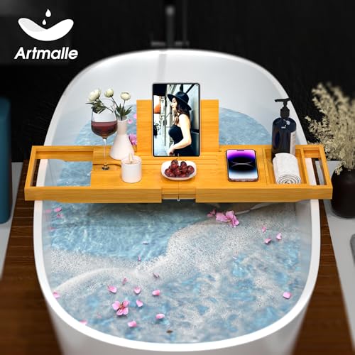 Artmalle Foldable Bamboo Bathtub Caddy Tray for Tub - Natural, Semi-Simple