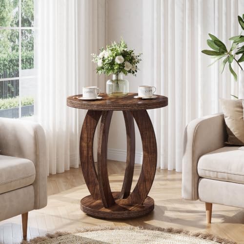 Round End Table with Storage - Rustic Side Table in Dark Brown, 23.62 inch