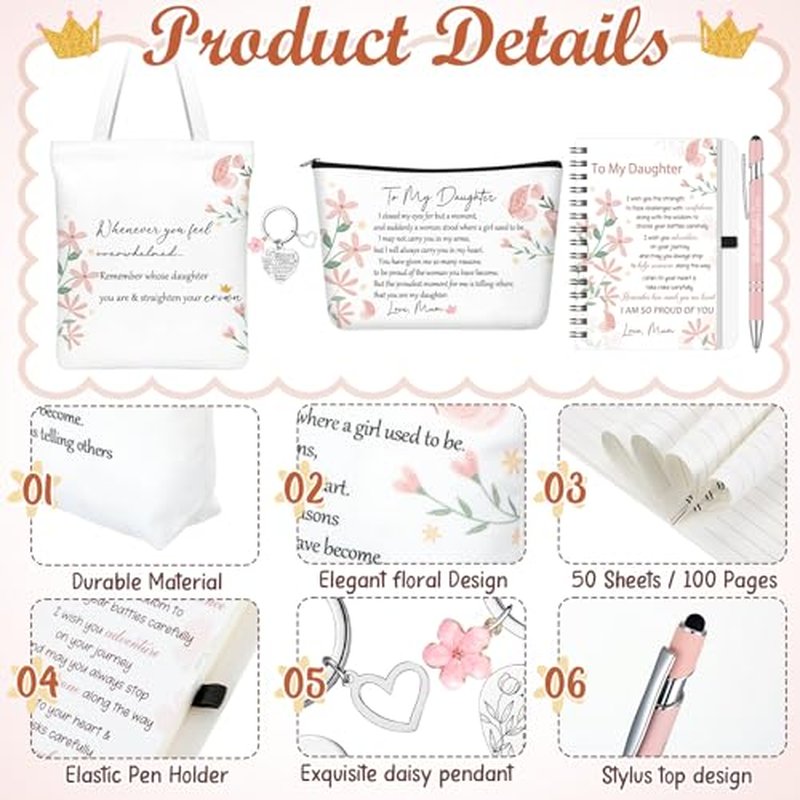5 Pcs Daughter Valentines Day Gifts Set, Inspirational to My Daughter Gift with Tote Bag, Makeup Bag, Notebook, Ballpoint Pen & Keychain Congratulations Graduation Wedding Gift from Mom Dad