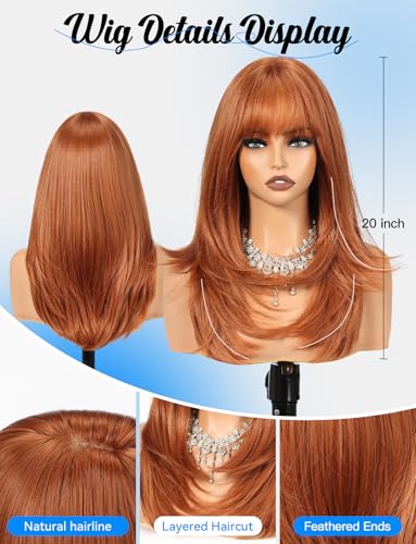 HAIRCUBE Orange Layered Long Straight Synthetic Wig with Bangs - Heat Resistant & Natural Look