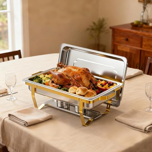 Gold Stainless Steel Buffet Chafing Dishes Set - 2 Pack 9 Quart Food Warmers