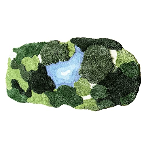 3x5 Feet 3D Moss Rug with Oval Lake Variation, Non-Slip Shag Carpet Indoor Green