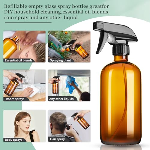 16oz Amber Glass Spray Bottles Set with Adjustable Nozzle - Refillable for Essential Oils, Cleaning, Pets & Hair