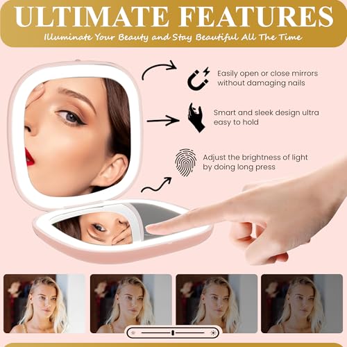 Pink Lighted Compact Mirror with 1X/10X Magnification, Dimmable LED, USB Charging