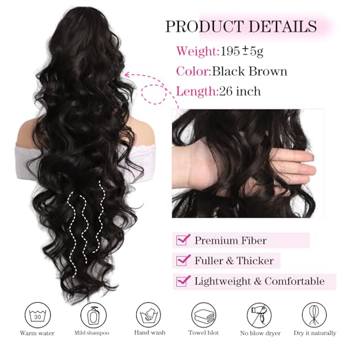 26 Inch Claw Clip Ponytail Extension with Drawstring - Black Brown