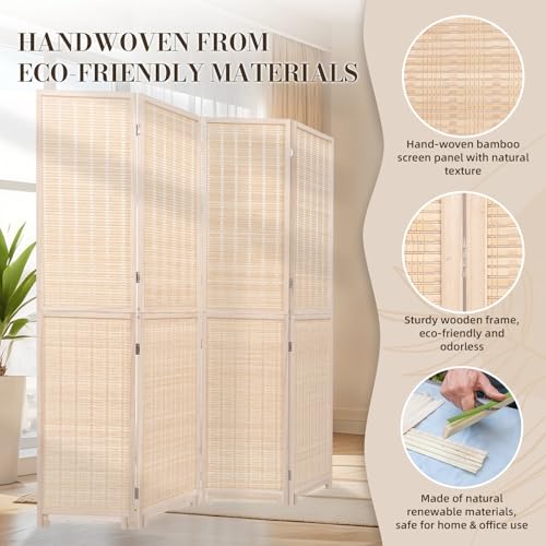 Beige Bamboo Room Divider 67" 4-Panel Freestanding Wall Screen - Detachable & Foldable