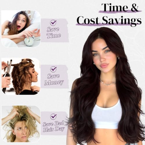 BARSDAR 24 Inch Dark Red Brown Wavy Clip-In Hair Extensions - Synthetic, Natural-Looking Volume & Length