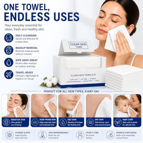 Disposable Face Towels XL Pack of 2 - Sensitive Skin, Makeup Remover, Lint-Free, 100 Count