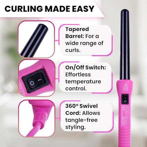 HerStyler Grande Ceramic Curling Iron - 1 Inch Pink Tapered Barrel, Dual Voltage, Negative Ions