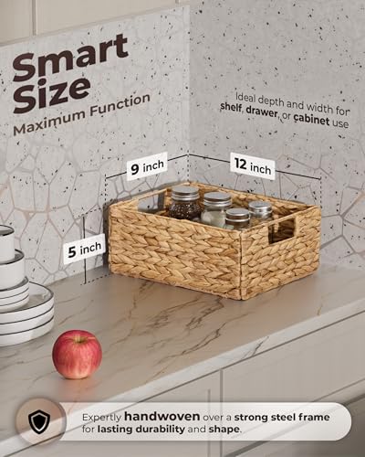 Water Hyacinth Storage Baskets Set of 6 - Natural Woven Bin with Handles, Rectangular Variation