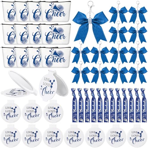Talltalk 48 Pcs Cheerleader Gifts Set Cheer Gifts Bulk for Team 12 Cheer Makeup Bag 12 Cheer Bracelets 12 Folding Cheerleading Makeup Mirror 12 Bow Keychain for Cheer Team Party Favors(Blue)