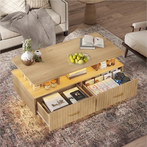 YOSHOOT 37-Inch LED Coffee Table with Storage & Remote Control - Nature Finish