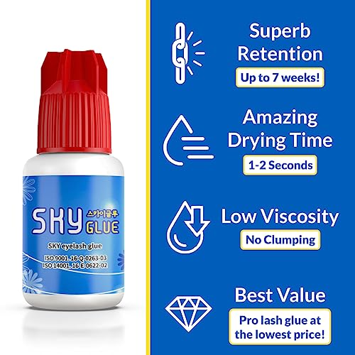 Sky Glue S+ 2 Pack & Pro Volume Eyelash Extension Glue | Professional Black Adhesive | Long Lasting Semi Permanent Lash Extensions | Super Strong & Fast Drying (1-2s) | 7+ Weeks Retention | 3 x 5ml