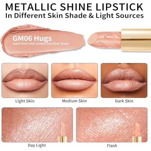 Oulac Matte Nude Peach Lipstick with Glow Metallic Finish - Vegan Lipstick for Women, Creamy Texture, Hydrating Clean Beauty Formula, High-End Magnetic Hook Design, GM06 Hugs