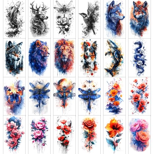GLARYYEARS Temporary Tattoos for Women, 24-Pack Large Fake Tattoos, Long-lasting Animal Tattoos, Butterfly Flower Dragonfly Design Variety Pack Realistic Tattoos 3D, Sexy on Half Arm Leg Back Body