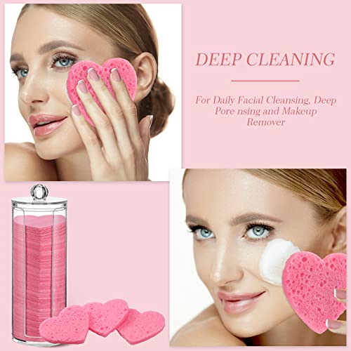 Sieral 120 Pcs Compressed Facial Sponges with Container Disposable Face Sponge Pads for Washing Face Cleansing Exfoliating Esthetician Makeup Removal(Heart,Pink)