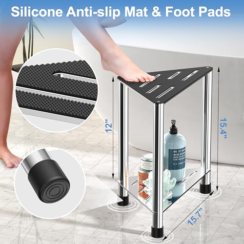 Stainless Steel Large Shower Stool for Inside Shower, 15.4'' H Shower Foot Rest, Corner Shower Stool with Storage Shelf, Shower Step for Shaving Legs, Bathroom Corner Shower Bench, Silver