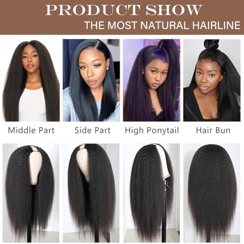 24 Inch Black Kinky Straight U Part Wig Natural Hair-Like Human Hair Style Variation