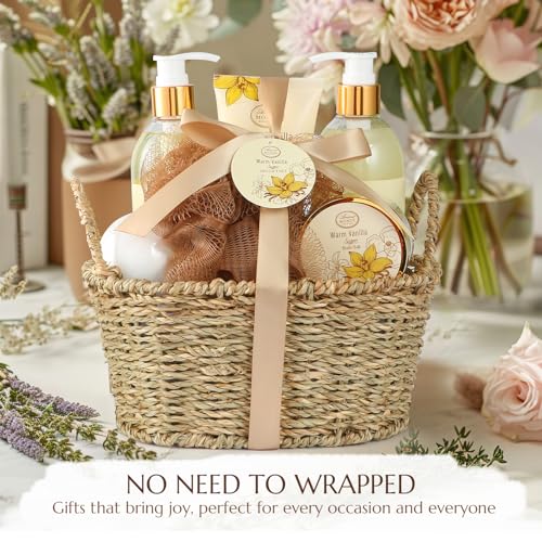 Bath & Body Gift Set, Warm Vanilla Sugar — 7pcs Gift Basket for Women (AriosoMonde)