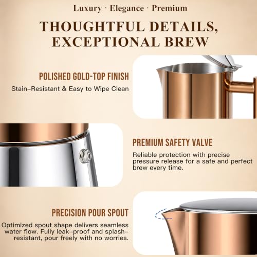 Large 12-Cup Rose Gold Stainless Steel Moka Pot - 600ml Stovetop Espresso Brewer