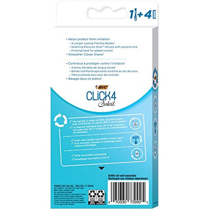 BIC Soleil Bella Click Women's 4-Blade Disposable Razor, 1 Handle and 4 Cartridges (Pack of 3)