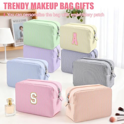 Giesiery 8 Pcs Seersucker Makeup Bags Striped Cosmetic Bags Bulk Organizer for Women Preppy Travel Toiletry Pouch for Wedding Bridesmaid Gifts (Pastel Color, Large)