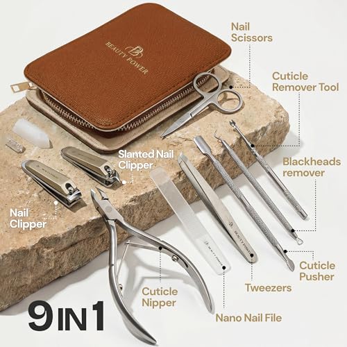 9 in 1 Professional Manicure Pedicure Set - Stainless Steel Nail Clippers, Nano File, Cuticle Nipper, Scissors, Tweezers, Travel PU Leather Case for Men & Women - Gift Idea - Brown
