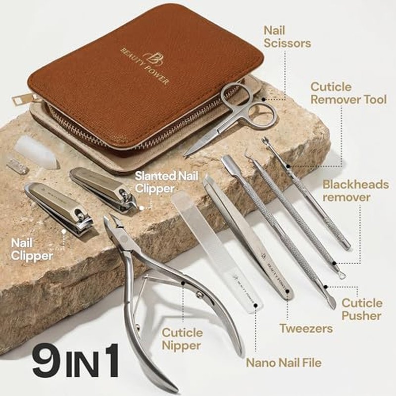 9 in 1 Professional Manicure Pedicure Set - Stainless Steel Nail Clippers, Nano File, Cuticle Nipper, Scissors, Tweezers, Travel PU Leather Case for Men & Women - Gift Idea - Brown