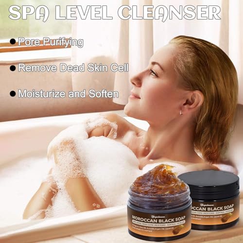2 PCS Unrefined Moroccan Black Soap Handcrafted, Argan Oil Authetic Black Beldi Soap SPA Level Highly Moisturize, Purify and Soften Skin, with Laurel Oil for Face and Body, No Fragrance, 5.29 oz/150 g