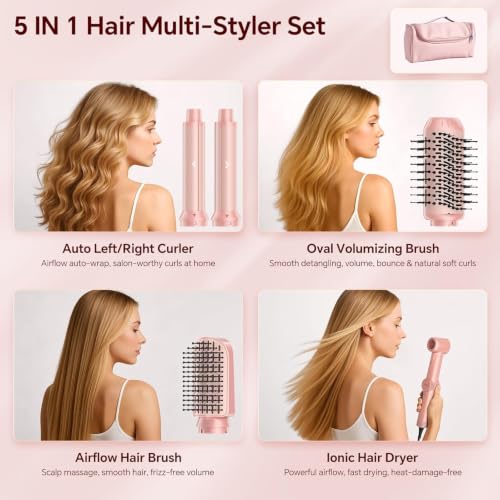 Pink 5-in-1 Hair Dryer Brush with Auto Curling & Ionic Technology