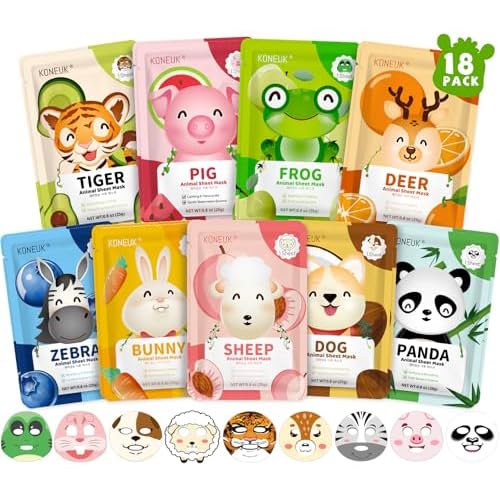 18 Pack Animal Face Mask for Kids, Bulk Sheet Face Masks Skincare for Girls, Collagen Hydrating Face Mask Spa Party Gifts for Teens, Easter Basket Stuffers, Birthday Gifts for Women