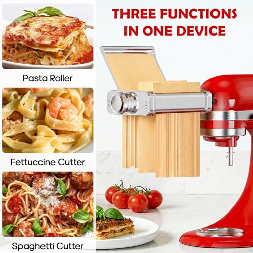 Silver 3-in-1 Pasta Maker Attachment for KitchenAid Stand Mixer - Food-Grade Stainless Steel