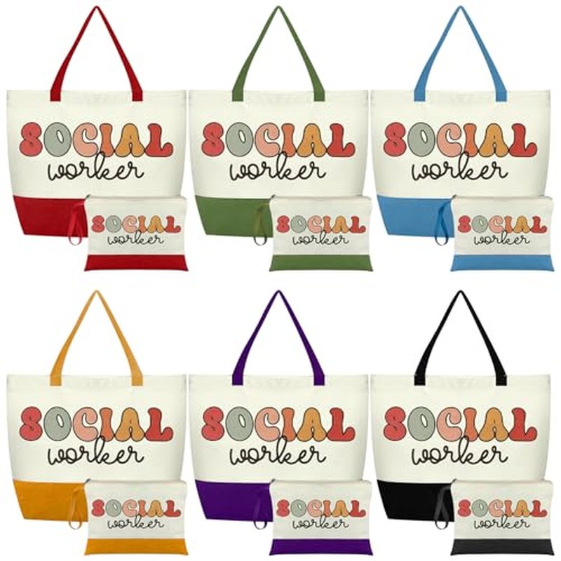12 Pcs Social Worker Tote Bag Gift for Women Include 6 Cosmetic Bags 6 Canvas Bags Social Worker Appreciation Gifts Set for Women Retirement Volunteer Graduation Birthday Holiday Bag Gift Bulk