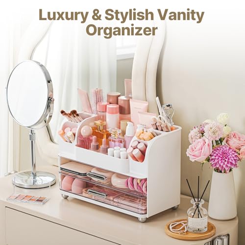 White Makeup Organizer with 2 Drawers & Brush Holders - Vanity Storage
