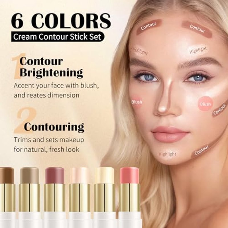 6 Colors Cream Contour Stick Set,Double-ended Cream Bronzer Stick,Highlighter Stick,Blush Stick,Professional Highlighter Makeup Contour Kit,Easy to Sculp Contorno Maquillaje£¨Set A£©
