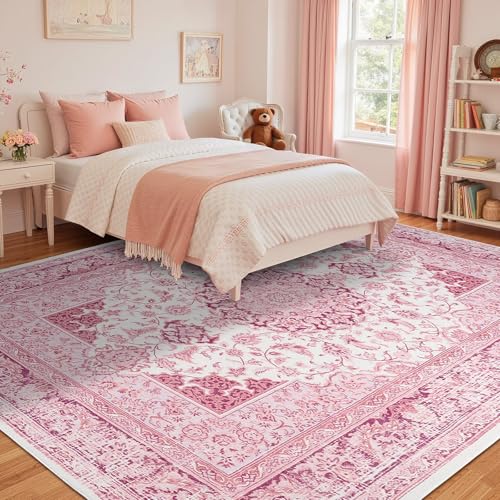 Macgace Bright Pink 8x10 Vintage Area Rug for Living Room, Washable & Non-Slip