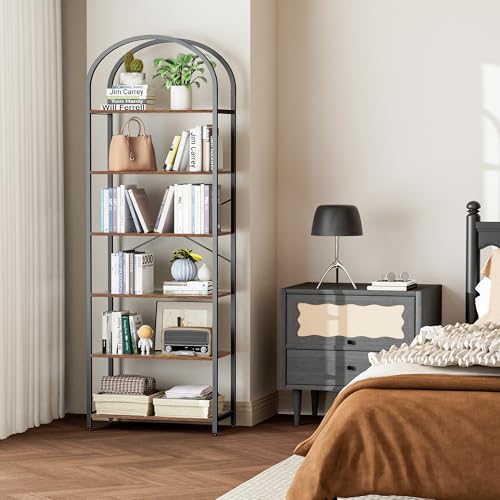 Homhedy 6-Tier Arched Bookshelf - 23.6W Tall Rustic Book Storage Rack