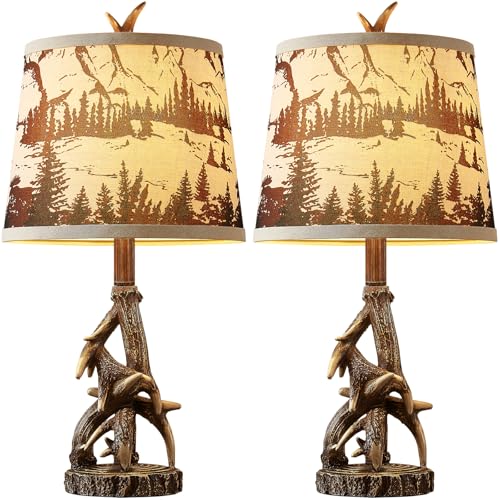 Rustic Deer Antler Table Lamps Set of 2 - Brown Forest Print Shade, Log Cabin Bedroom Nightstand, Western Country Style, 23 Inch