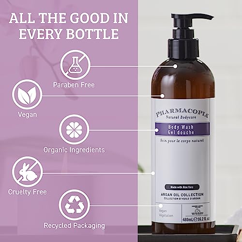 Pharmacopia Hotel Argan Oil Body Wash - Vegan Moisturizing Shower Gel with Aloe Vera, Coconut Oil and Green Tea Extract - Natural, Organic and Cruelty-Free Skin Care for Men and Women, 16.2 oz
