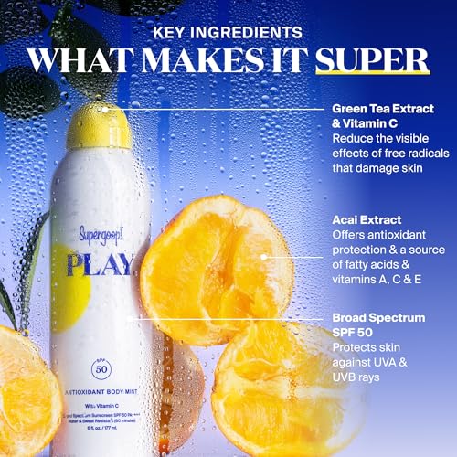 Supergoop! PLAY SPF 50 Antioxidant Body Mist w/Vitamin C - 3 fl oz, 2 Pack - Broad Spectrum Sunscreen Spray - Great for Active Days | w/Vitamin C, for Sensitive Skin