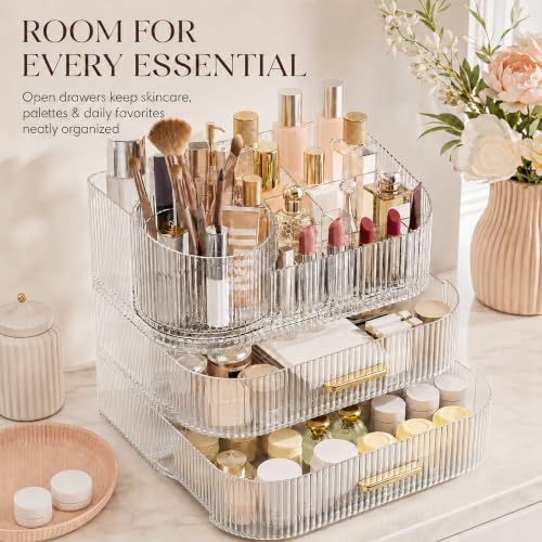 Large 360° Rotating Makeup Organizer with Drawer - Clear Acrylic Storage Display