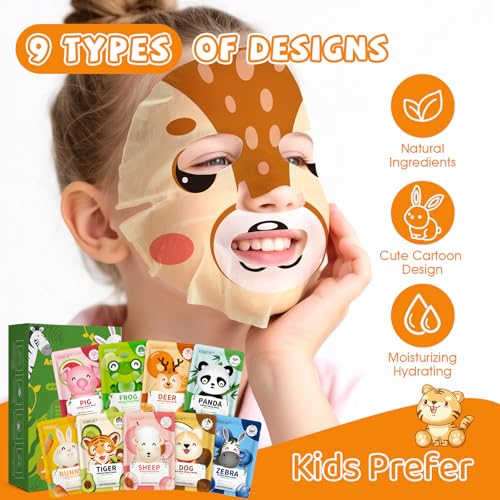 18 Pack Animal Face Mask for Kids, Bulk Sheet Face Masks Skincare for Girls, Collagen Hydrating Face Mask Spa Party Gifts for Teens, Easter Basket Stuffers, Birthday Gifts for Women