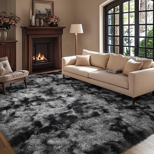 Cuzwlovita 8x10 Ft Dark Grey Tie-Dye Shag Rug - Extra Large Fluffy Area Carpet for Living Room & Bedroom