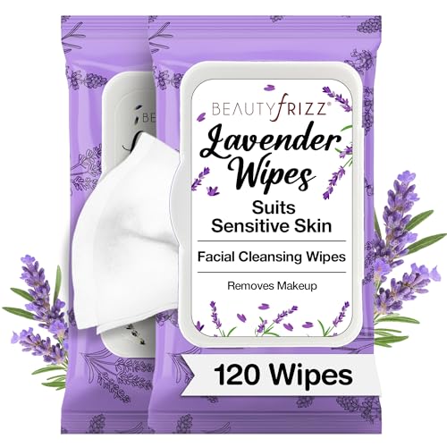 BeautyFrizz Lavender Face Wipes - 120 pcs - Gentle Makeup Remover Wipes for Women - Facial Cleansing Wipe with Aloe, Castor, Vitamin A and E - Extra Soft - Moisturizing
